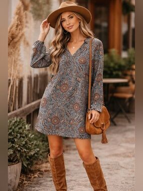 Cabi Style 3295 Floral Tunic Dress Blue Long Sleeve Boho Shift Size L